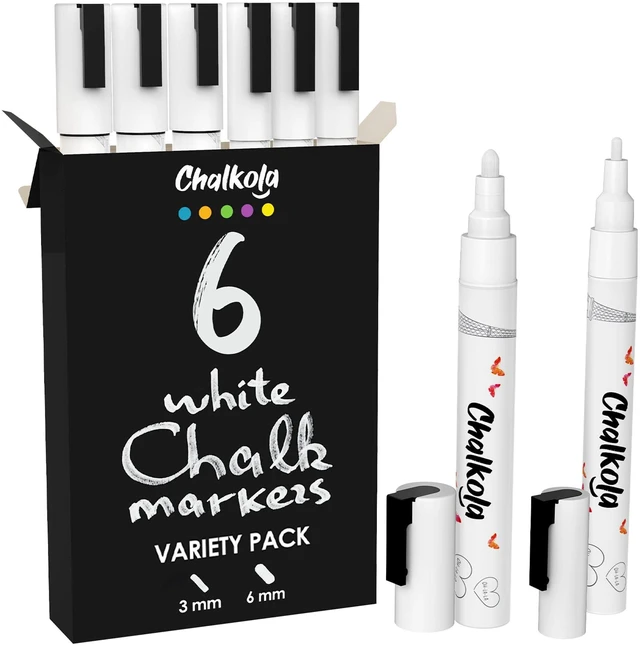 Main image of 6 White Dry Erase Chalk Markers for Chalkboard Signs - 3mm + 6mm Liquid Chalk Pens for Blackboard, Car Window, Glass, Bistro - Variety pack - (3x) 3mm Fine Tip + (3x) 6mm Bold Ink Marker