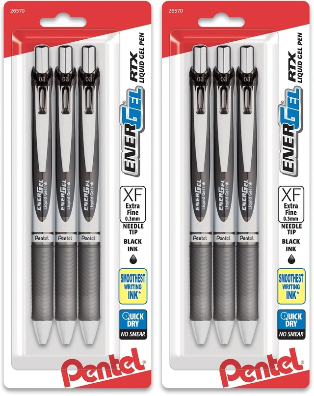 Main image of EnerGel RTX Retractable Liquid Gel Pen,(0.3mm),Extra Fine Line,Needle Tip,Black Ink,(BLN73BP3A),3 Count (Pack of 2)