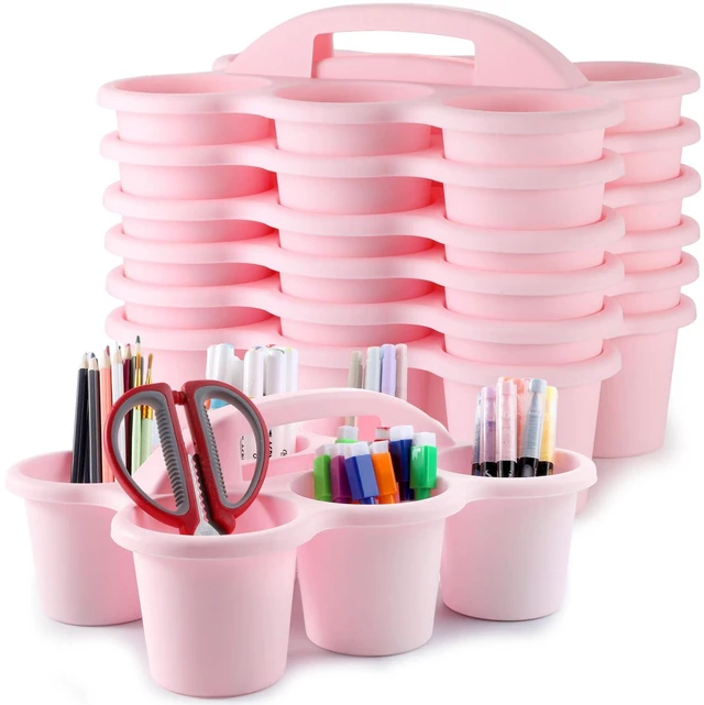 Main image of 6 Pack Classroom Caddy Organizer with Handle, 6 Compartments, Pink Stackable Plastic Table Caddies, 12x9x3.5 In, caddy Organizer for School Supplies, Crayons, Pencils, Crafts and Drink Cups