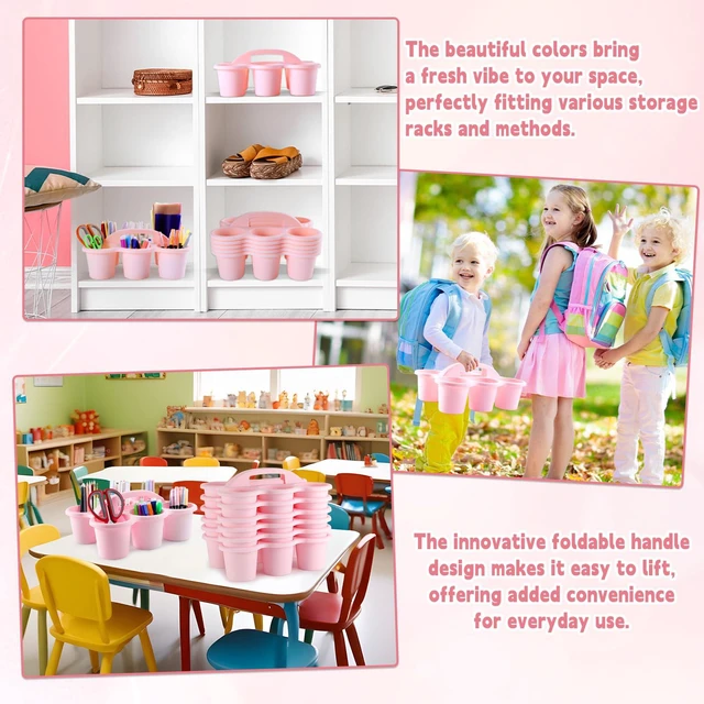 Alt view image 6 of 7 - 6 Pack Classroom Caddy Organizer with Handle, 6 Compartments, Pink Stackable Plastic Table Caddies, 12x9x3.5 In, caddy Organizer for School Supplies, Crayons, Pencils, Crafts and Drink Cups