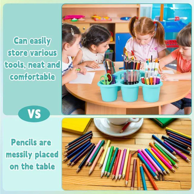 Alt view image 4 of 7 - 6 Pack Classroom Caddy Organizer with Handle, 6 Compartments, Blue Stackable Plastic Table Caddies, 12x9x3.5 In, caddy Organizer for School Supplies, Crayons, Pencils, Crafts and Drink Cups