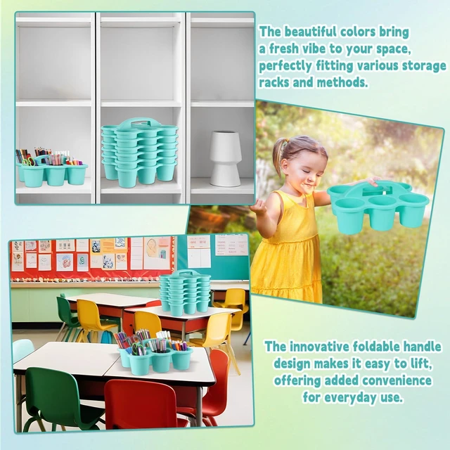 Alt view image 6 of 7 - 6 Pack Classroom Caddy Organizer with Handle, 6 Compartments, Blue Stackable Plastic Table Caddies, 12x9x3.5 In, caddy Organizer for School Supplies, Crayons, Pencils, Crafts and Drink Cups