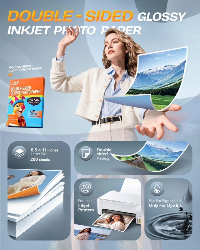 Alt view image 2 of 7 - 200 Sheets Double Sided Photo Paper Glossy 8.5x11 54lbs Inkjet for Dye Ink 200Gsm Value Bulk Pack Picture 8.5 x 11 9.5Mil for Inkjet Printing Printer (200sheets, 8.5x11) (Pack of 2)