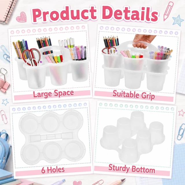 Alt view image 3 of 7 - 6 Pack Classroom Caddy Organizer with Handle, 6 Compartments, Clear Stackable Plastic Table Caddies, 12x9x3.5 In, caddy Organizer for School Supplies, Crayons, Pencils, Crafts and Drink Cups