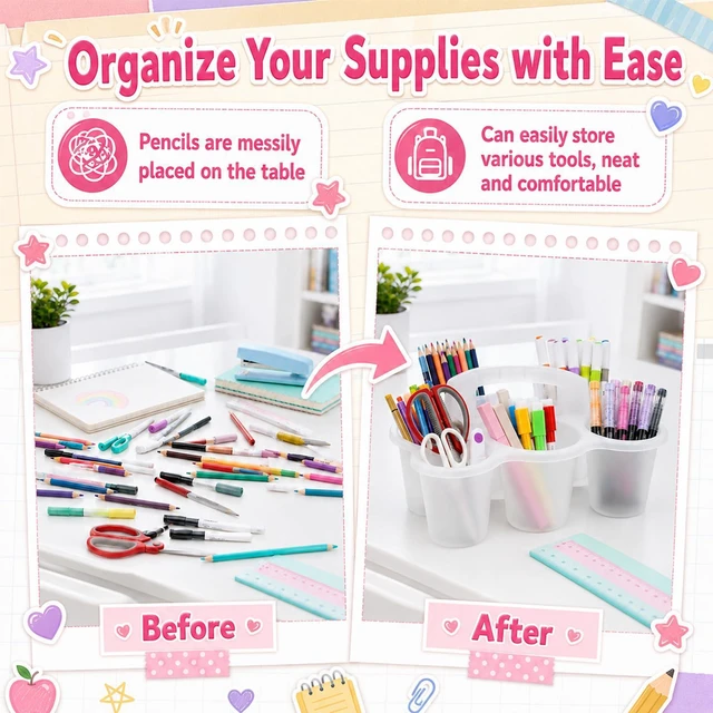 Alt view image 4 of 7 - 6 Pack Classroom Caddy Organizer with Handle, 6 Compartments, Clear Stackable Plastic Table Caddies, 12x9x3.5 In, caddy Organizer for School Supplies, Crayons, Pencils, Crafts and Drink Cups