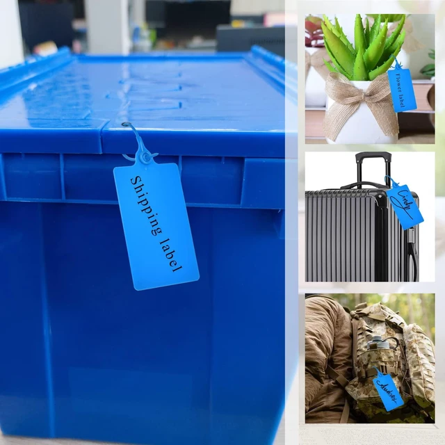 Alt view image 5 of 7 - 100 Plastic Shipping Tags - Waterproof, Writable, Hanging Tags with One Marker Pen (Navy Blue)