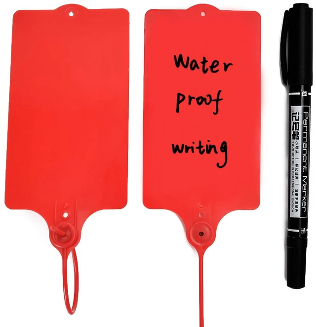 Main image of 100 Plastic Shipping Tags - Waterproof, Writable, Hanging Tags with One Red Marker Pen
