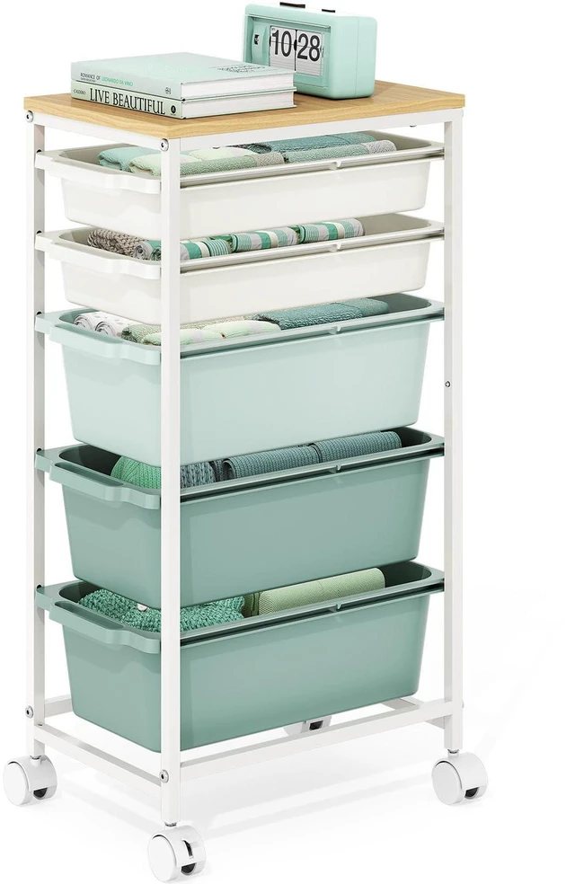 Main image of Slim Rolling Cart with 5 Drawers, Metal Utility Storage Cart | Wooden Tabletop, Lockable Wheels, Table Side Trolley for Bedroom, Children's Room and Office Organization, Green