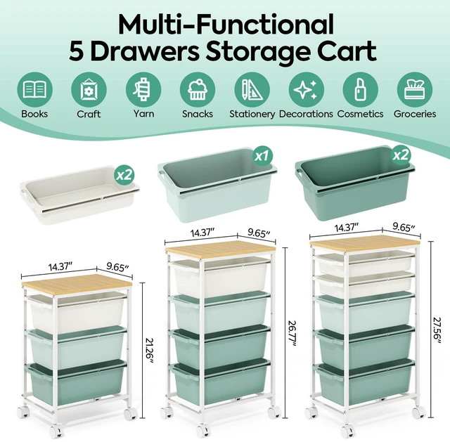 Alt view image 2 of 7 - Slim Rolling Cart with 5 Drawers, Metal Utility Storage Cart | Wooden Tabletop, Lockable Wheels, Table Side Trolley for Bedroom, Children's Room and Office Organization, Green