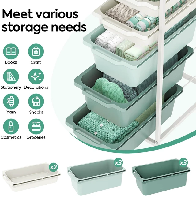 Alt view image 3 of 7 - Slim Rolling Cart with 5 Drawers, Metal Utility Storage Cart | Wooden Tabletop, Lockable Wheels, Table Side Trolley for Bedroom, Children's Room and Office Organization, Green