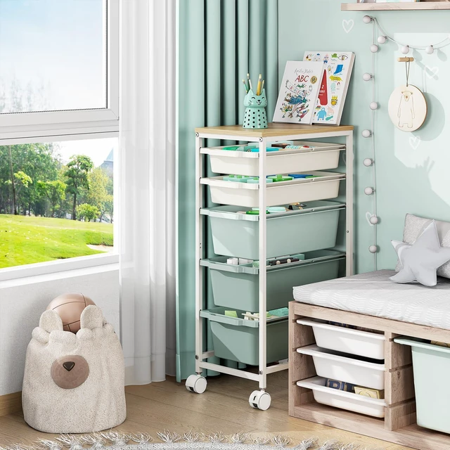 Alt view image 5 of 7 - Slim Rolling Cart with 5 Drawers, Metal Utility Storage Cart | Wooden Tabletop, Lockable Wheels, Table Side Trolley for Bedroom, Children's Room and Office Organization, Green