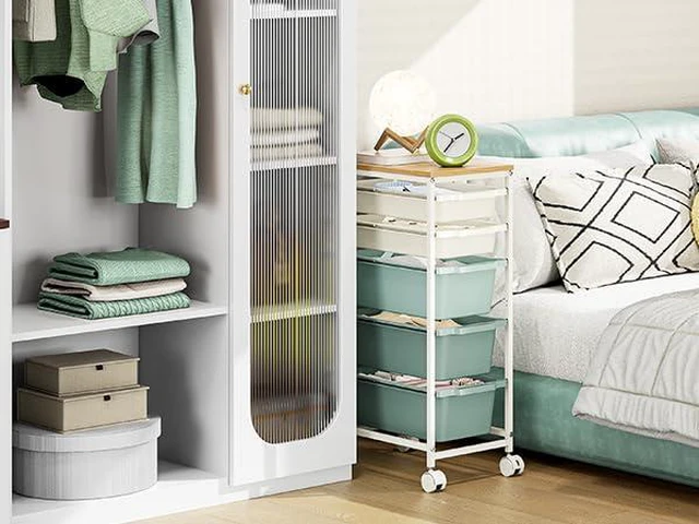 Alt view image 6 of 7 - Slim Rolling Cart with 5 Drawers, Metal Utility Storage Cart | Wooden Tabletop, Lockable Wheels, Table Side Trolley for Bedroom, Children's Room and Office Organization, Green