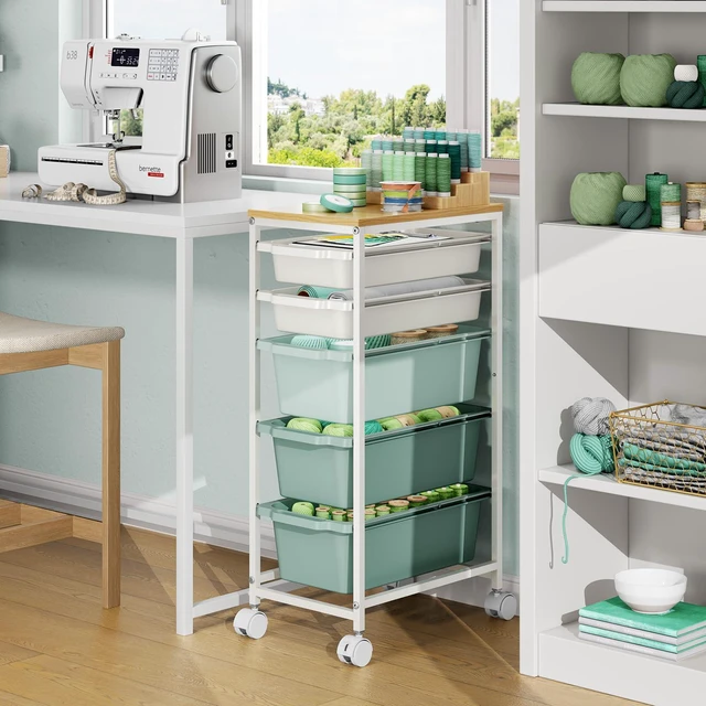 Alt view image 7 of 7 - Slim Rolling Cart with 5 Drawers, Metal Utility Storage Cart | Wooden Tabletop, Lockable Wheels, Table Side Trolley for Bedroom, Children's Room and Office Organization, Green
