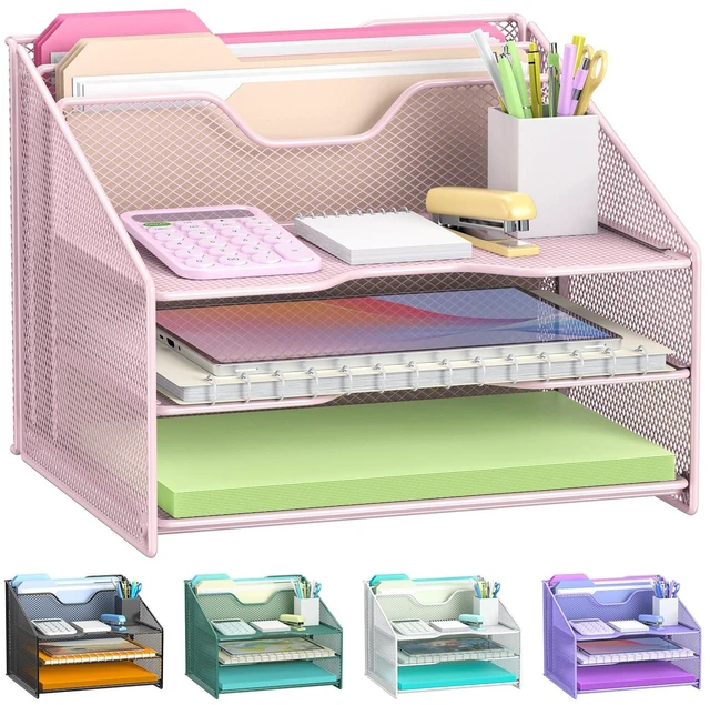 Main image of Pink Desk File Organizer, Mesh Letter File Folder Holder with 3 Paper Trays and 2 Vertical Upright Section, for Office Supplies, Desk Accessories & Workspace, Pink