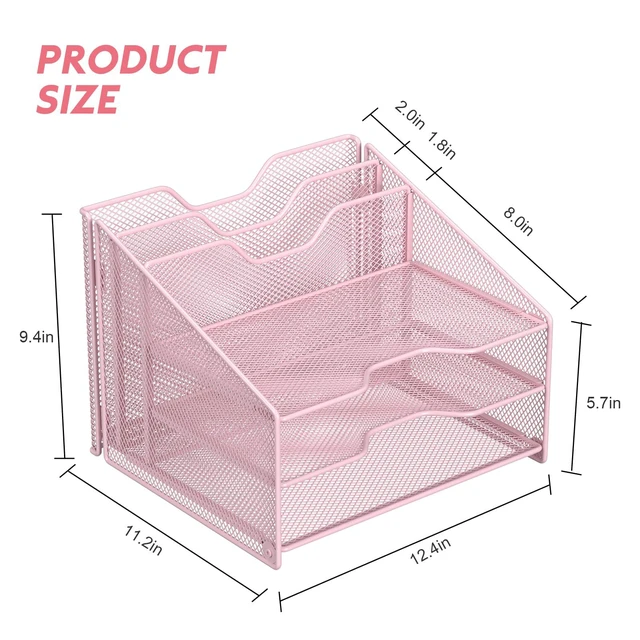 Alt view image 2 of 6 - Pink Desk File Organizer, Mesh Letter File Folder Holder with 3 Paper Trays and 2 Vertical Upright Section, for Office Supplies, Desk Accessories & Workspace, Pink