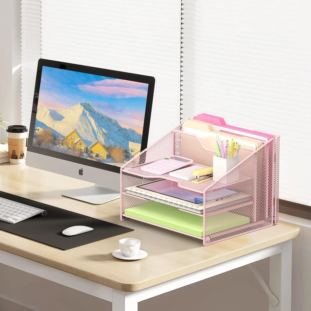 Alt view image 4 of 6 - Pink Desk File Organizer, Mesh Letter File Folder Holder with 3 Paper Trays and 2 Vertical Upright Section, for Office Supplies, Desk Accessories & Workspace, Pink