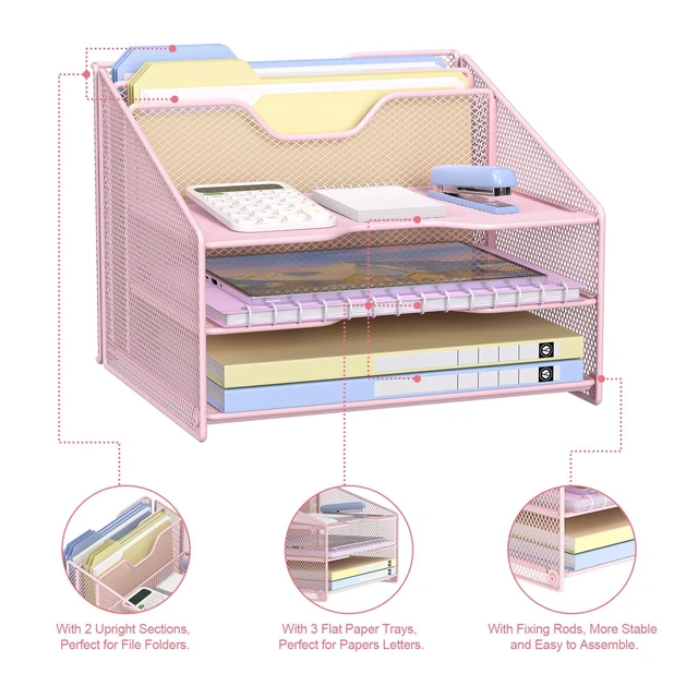 Alt view image 5 of 6 - Pink Desk File Organizer, Mesh Letter File Folder Holder with 3 Paper Trays and 2 Vertical Upright Section, for Office Supplies, Desk Accessories & Workspace, Pink