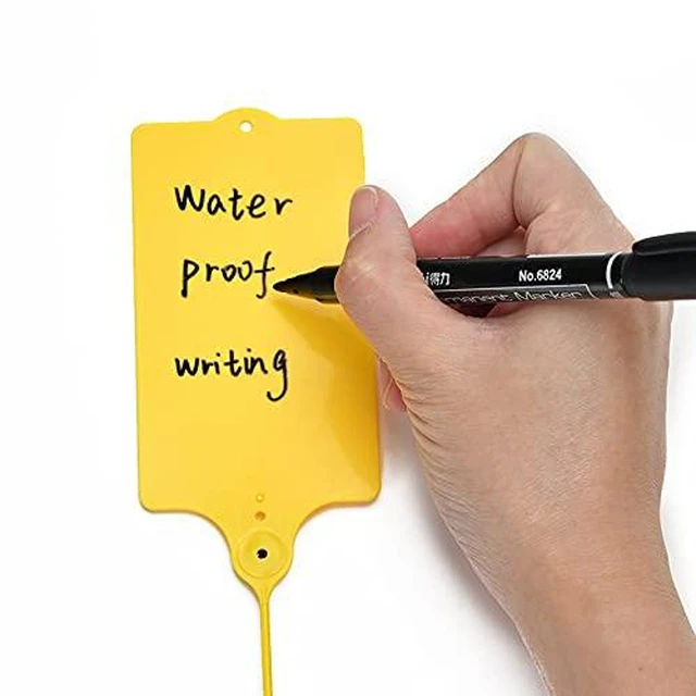 Alt view image 3 of 6 - 100 Plastic Shipping Tags - Waterproof, Writable, Hanging Tags with One Yellow Marker Pen