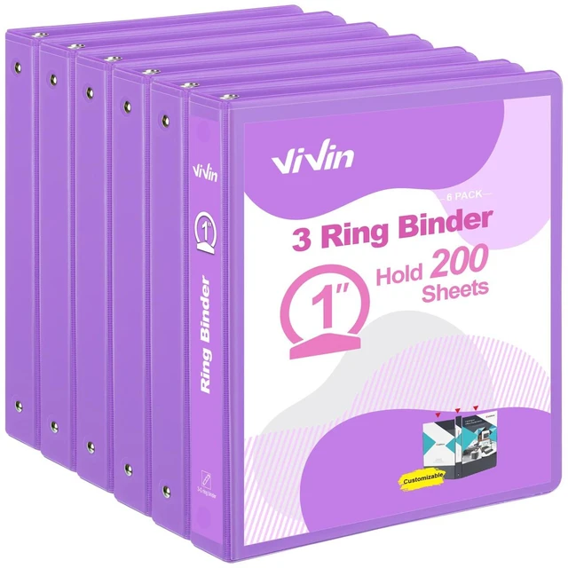 Main image of 1 Inch Round Ring View Binder for Durability, 6-Pack (Purple) Standard 3 Ring Binder for 200 Sheets of US Letter Size Paper, PVC-Free, Clear View Cover, Office Home School Use