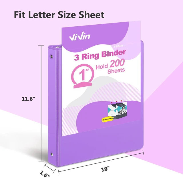 Alt view image 2 of 7 - 1 Inch Round Ring View Binder for Durability, 6-Pack (Purple) Standard 3 Ring Binder for 200 Sheets of US Letter Size Paper, PVC-Free, Clear View Cover, Office Home School Use