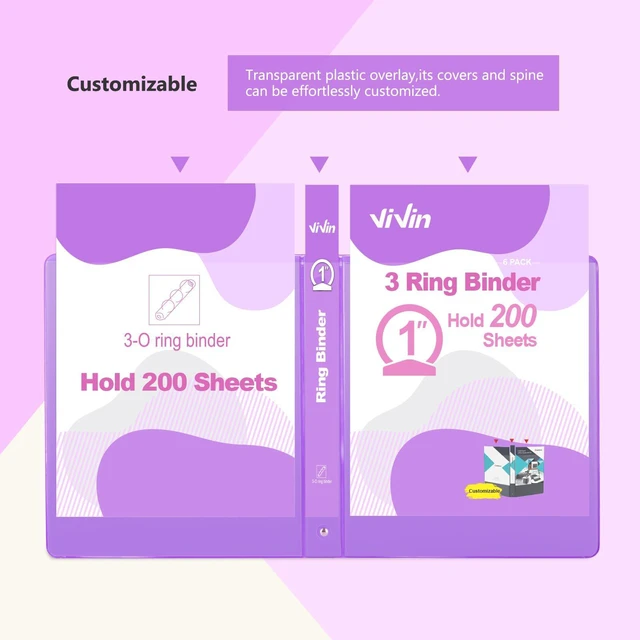 Alt view image 4 of 7 - 1 Inch Round Ring View Binder for Durability, 6-Pack (Purple) Standard 3 Ring Binder for 200 Sheets of US Letter Size Paper, PVC-Free, Clear View Cover, Office Home School Use