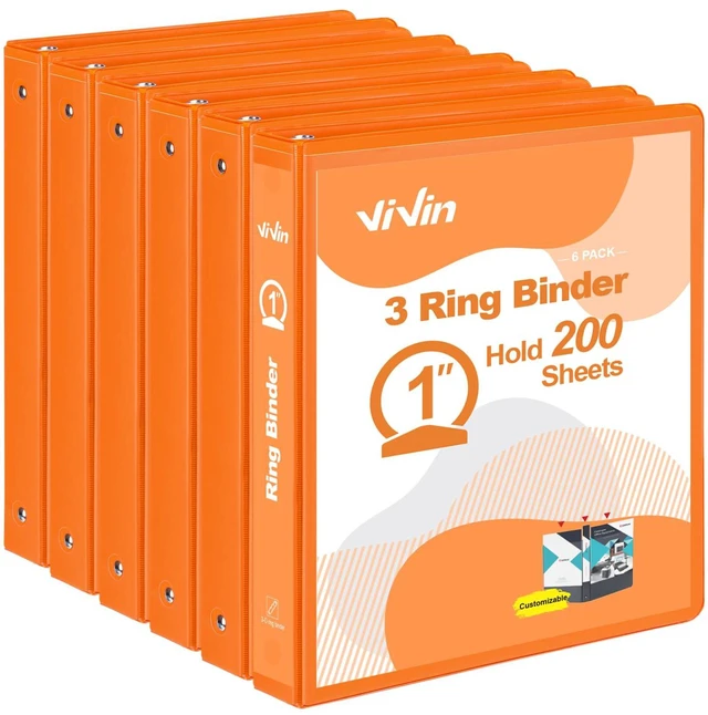 Main image of 1 Inch Round Ring View Binder for Durability, 6-Pack (Orange) Standard 3 Ring Binder for 200 Sheets of US Letter Size Paper, PVC-Free, Clear View Cover, Office Home School Use