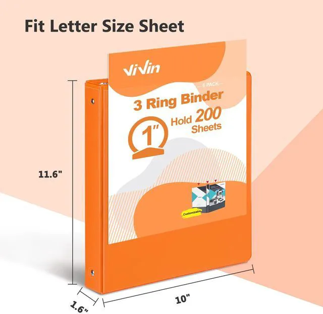 Alt view image 2 of 7 - 1 Inch Round Ring View Binder for Durability, 6-Pack (Orange) Standard 3 Ring Binder for 200 Sheets of US Letter Size Paper, PVC-Free, Clear View Cover, Office Home School Use