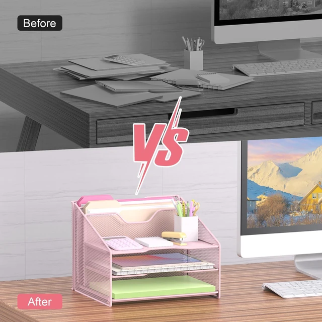 Alt view image 6 of 6 - Pink Desk File Organizer, Mesh Letter File Folder Holder with 3 Paper Trays and 2 Vertical Upright Section, for Office Supplies, Desk Accessories & Workspace, Pink