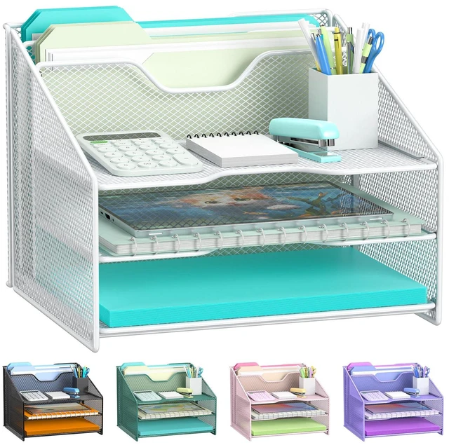 Main image of White Desk File Organizer, Mesh Letter File Folder Holder with 3 Paper Trays and 2 Vertical Upright Section, for Office Supplies, Desk Accessories & Workspace, White
