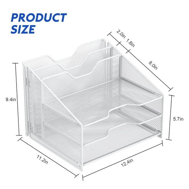 Alt view image 3 of 6 - White Desk File Organizer, Mesh Letter File Folder Holder with 3 Paper Trays and 2 Vertical Upright Section, for Office Supplies, Desk Accessories & Workspace, White