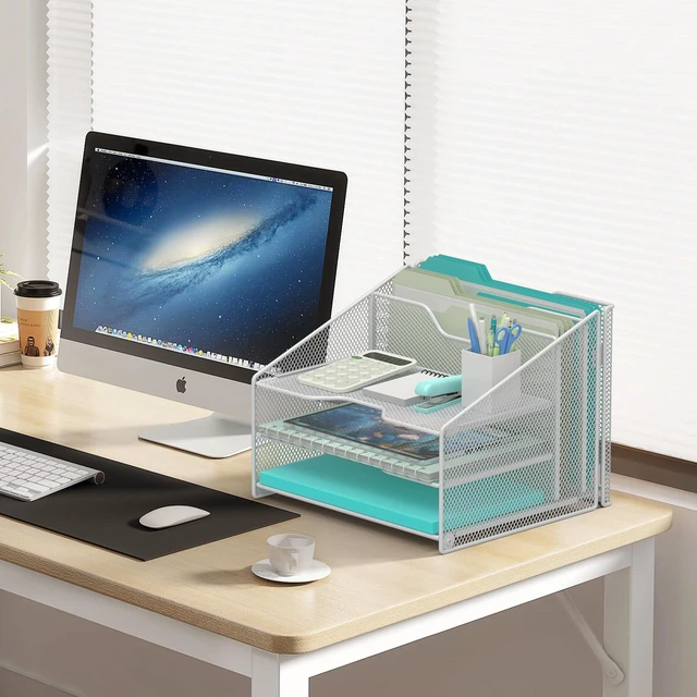 Alt view image 5 of 6 - White Desk File Organizer, Mesh Letter File Folder Holder with 3 Paper Trays and 2 Vertical Upright Section, for Office Supplies, Desk Accessories & Workspace, White