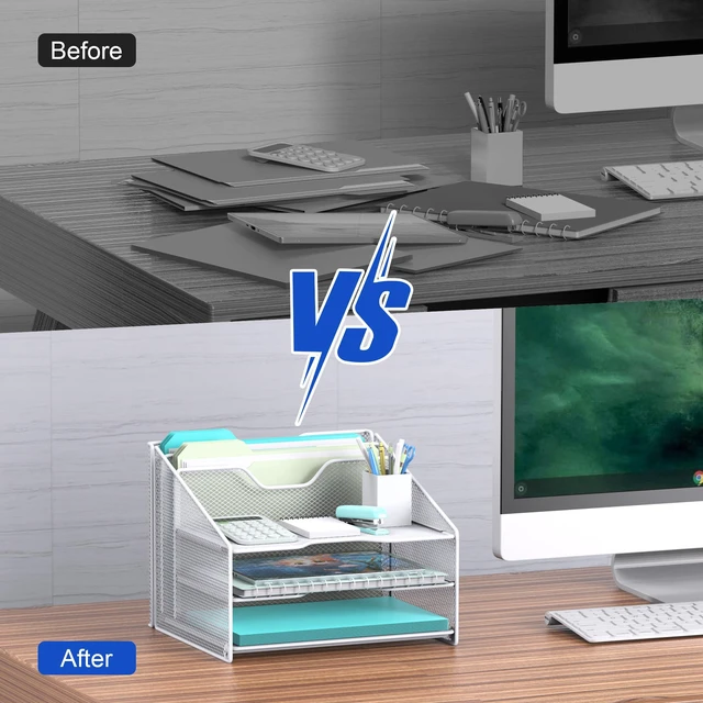 Alt view image 6 of 6 - White Desk File Organizer, Mesh Letter File Folder Holder with 3 Paper Trays and 2 Vertical Upright Section, for Office Supplies, Desk Accessories & Workspace, White