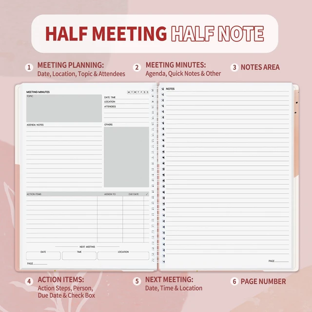 Alt view image 2 of 6 - Half Meeting Half Note - 8.5"x11" Professional Notebooks for Work - 160 Pages, A4 Size Project Planner, Spiral Meeting Agenda/Minutes Organizer for Women Men, Note Taking, Office & Business