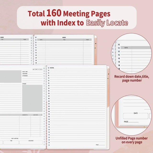 Alt view image 3 of 6 - Half Meeting Half Note - 8.5"x11" Professional Notebooks for Work - 160 Pages, A4 Size Project Planner, Spiral Meeting Agenda/Minutes Organizer for Women Men, Note Taking, Office & Business