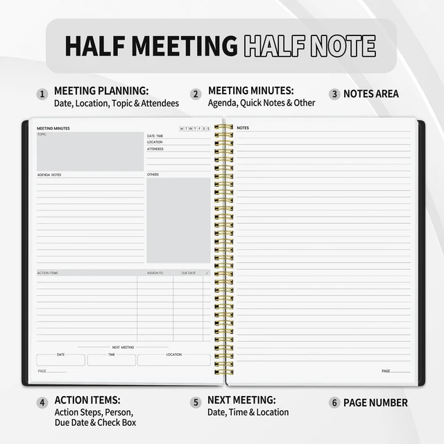 Alt view image 2 of 6 - Half Meeting Half Note - 8.5"x11" Professional Notebooks for Work - 160 Pages, A4 Size Project Planner, Spiral Meeting Agenda/Minutes Organizer for Women Men, Note Taking, Office & Business