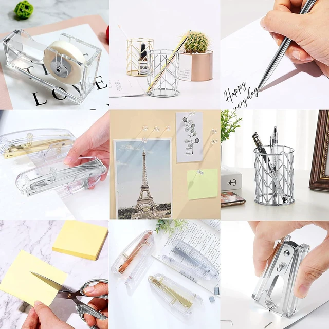 Alt view image 3 of 6 - Office Desk AccessoriesOffice Supplies Set Acrylic Stapler Set Staple Remover, Tape Holder, Pen Holder, 2 Ballpoint Pen, Scissor, Binder Clips, Paper Clips and 1000pcs Staples(Silver)