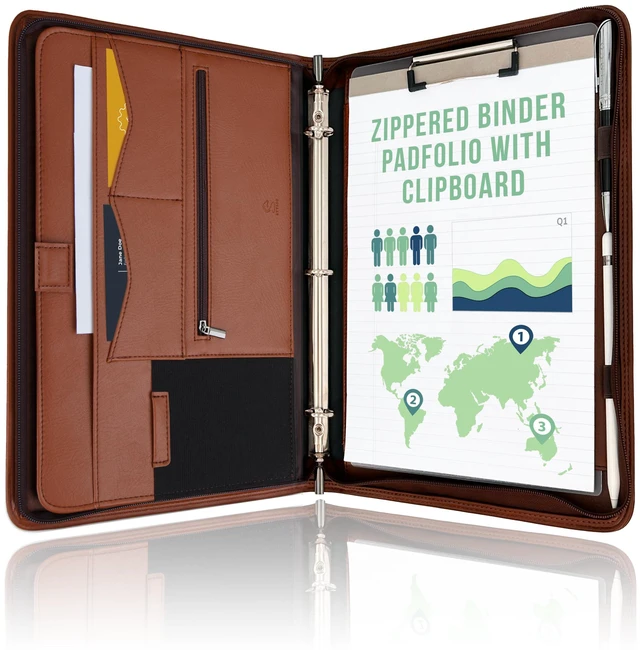 Main image of Zipper Portfolio | Padfolio 3 Ring Binder (1") and Clipboard Folio (Removable) | Portfolio Organizer for Documents, Tablet, Phone |Faux Leather Binder for Men and Women | Tan (Brown) Color