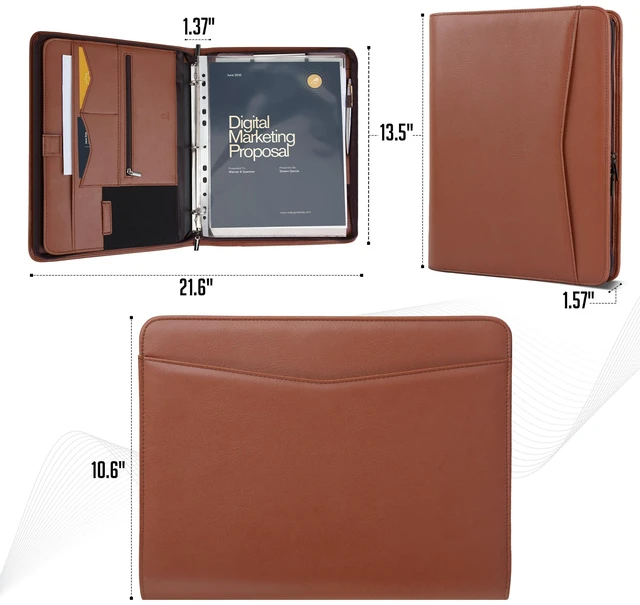Alt view image 2 of 6 - Zipper Portfolio | Padfolio 3 Ring Binder (1") and Clipboard Folio (Removable) | Portfolio Organizer for Documents, Tablet, Phone |Faux Leather Binder for Men and Women | Tan (Brown) Color