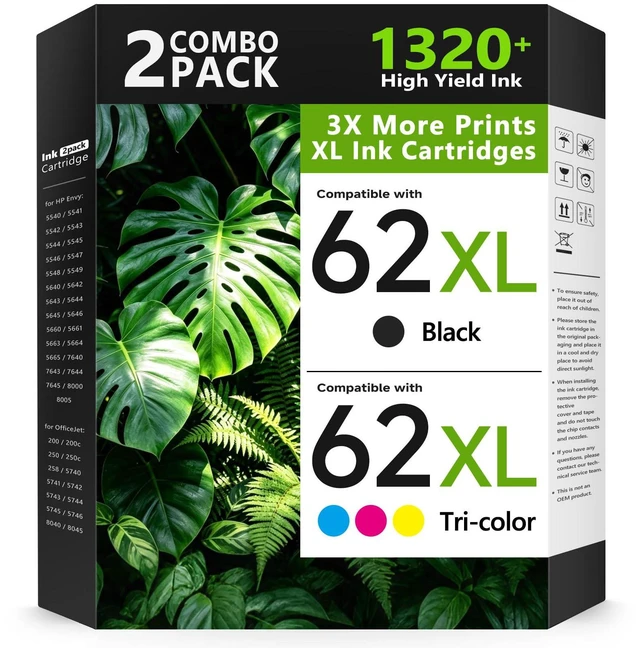 Main image of 62XL Ink Cartridges Combo Pack Replacement for HP Ink 62 62XL Ink for HP Envy 5540 5549 5640 5660 7640 7645 for OfficeJet Mobile 250 200 for OfficeJet 5740 5741 8040 (1 Black 1 Tri-Color)