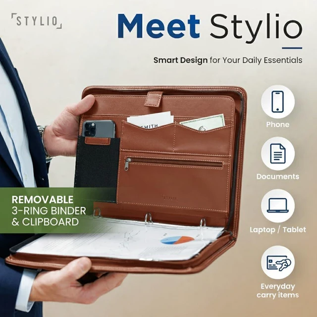 Alt view image 2 of 7 - Zipper Portfolio Binder with Carrying Handle | Removable 3-Ring Binder (1") w/Clipboard Padfolio | Organizer for Documents, iPad, Tablet, Phone, Notebook| Business Leather Folder for Men Women