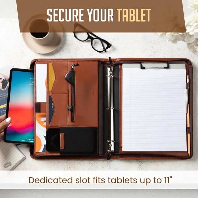 Alt view image 3 of 6 - Zipper Portfolio | Padfolio 3 Ring Binder (1") and Clipboard Folio (Removable) | Portfolio Organizer for Documents, Tablet, Phone |Faux Leather Binder for Men and Women | Tan (Brown) Color