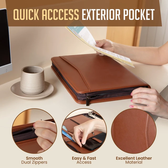 Alt view image 4 of 6 - Zipper Portfolio | Padfolio 3 Ring Binder (1") and Clipboard Folio (Removable) | Portfolio Organizer for Documents, Tablet, Phone |Faux Leather Binder for Men and Women | Tan (Brown) Color