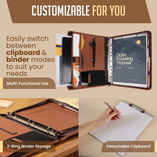 Alt view image 5 of 6 - Zipper Portfolio | Padfolio 3 Ring Binder (1") and Clipboard Folio (Removable) | Portfolio Organizer for Documents, Tablet, Phone |Faux Leather Binder for Men and Women | Tan (Brown) Color
