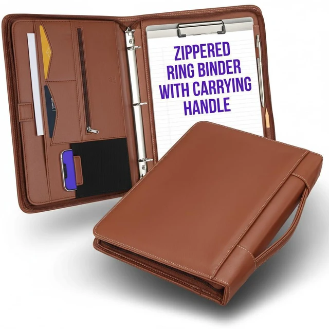 Main image of Zipper Portfolio Binder with Carrying Handle | Removable 3-Ring Binder (1") w/Clipboard Padfolio | Organizer for Documents, iPad, Tablet, Phone, Notebook| Business Leather Folder for Men Women