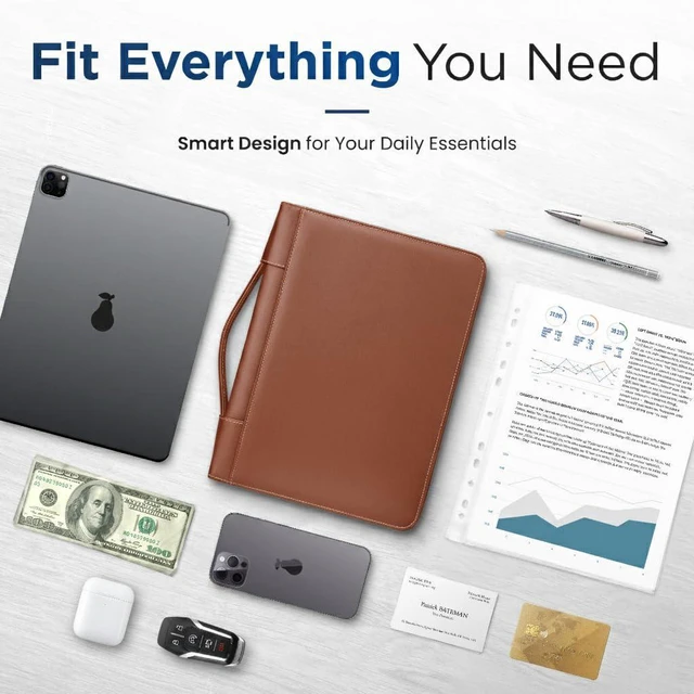 Alt view image 3 of 7 - Zipper Portfolio Binder with Carrying Handle | Removable 3-Ring Binder (1") w/Clipboard Padfolio | Organizer for Documents, iPad, Tablet, Phone, Notebook| Business Leather Folder for Men Women