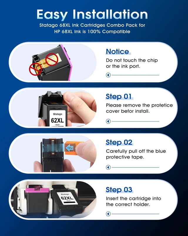Alt view image 6 of 7 - 62XL Ink Cartridges Combo Pack Replacement for HP Ink 62 62XL Ink for HP Envy 5540 5549 5640 5660 7640 7645 for OfficeJet Mobile 250 200 for OfficeJet 5740 5741 8040 (1 Black 1 Tri-Color)