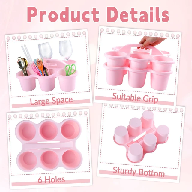 Alt view image 3 of 7 - 6 Pack Classroom Caddy Organizer with Handle, 6 Compartments, Pink Stackable Plastic Table Caddies, 12x9x3.5 In, caddy Organizer for School Supplies, Crayons, Pencils, Crafts and Drink Cups