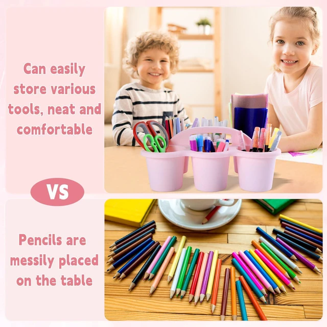Alt view image 4 of 7 - 6 Pack Classroom Caddy Organizer with Handle, 6 Compartments, Pink Stackable Plastic Table Caddies, 12x9x3.5 In, caddy Organizer for School Supplies, Crayons, Pencils, Crafts and Drink Cups
