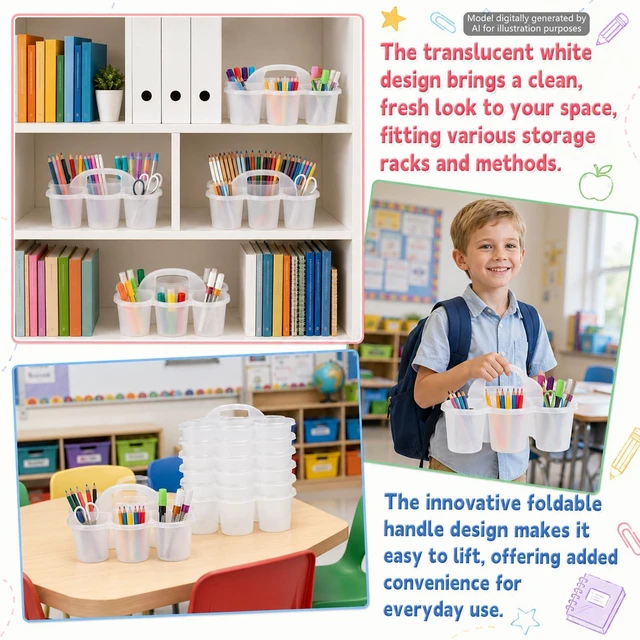 Alt view image 6 of 7 - 6 Pack Classroom Caddy Organizer with Handle, 6 Compartments, Clear Stackable Plastic Table Caddies, 12x9x3.5 In, caddy Organizer for School Supplies, Crayons, Pencils, Crafts and Drink Cups