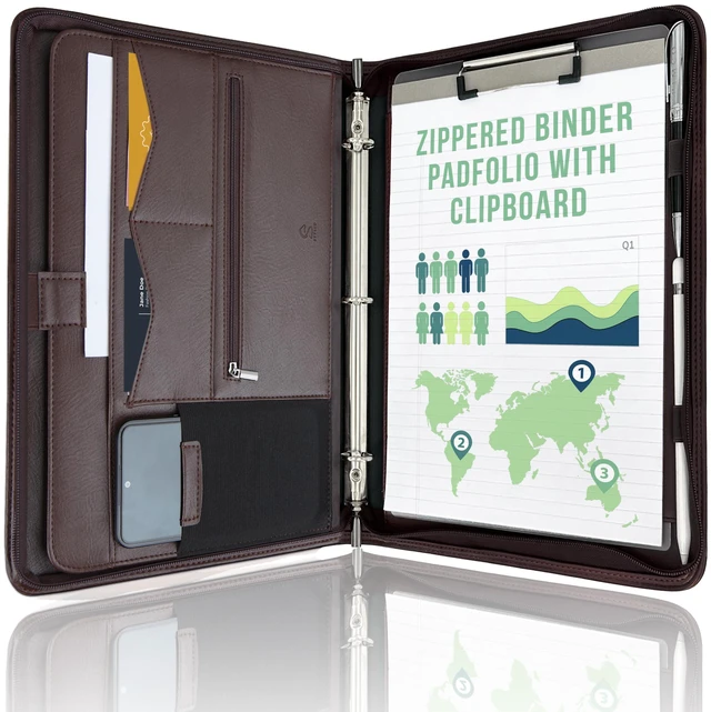Main image of Zipper Portfolio | Padfolio 3 Ring Binder (1") and Clipboard Folio (Removable) | Portfolio Organizer for Documents, Tablet, Phone |Faux Leather Binder for Men and Women | Walnut (Brown) Color